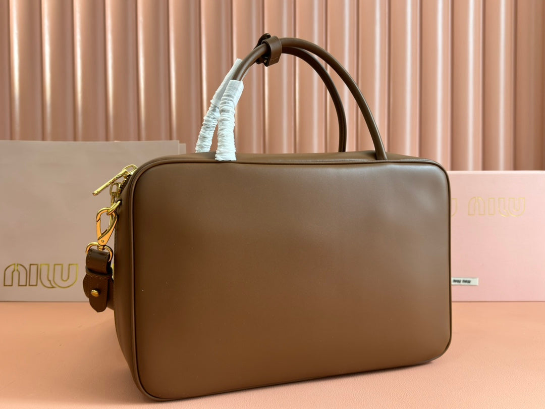 MIU MIU BEAU TOP HANDLE BAG 34 IN TAWNY BROWN SMOOTH CALFSKIN