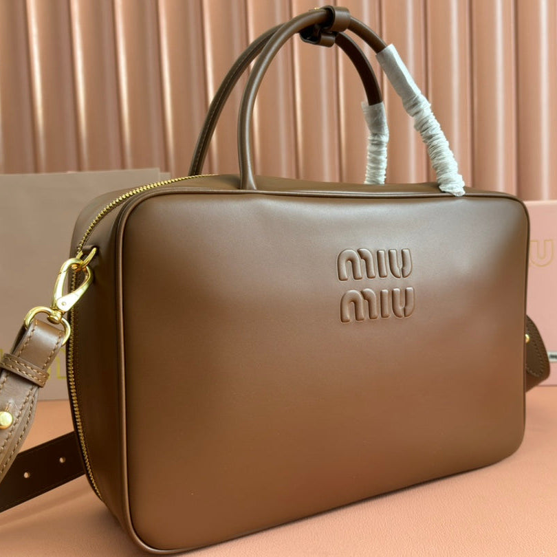 MIU MIU BEAU TOP HANDLE BAG 34 IN TAWNY BROWN SMOOTH CALFSKIN