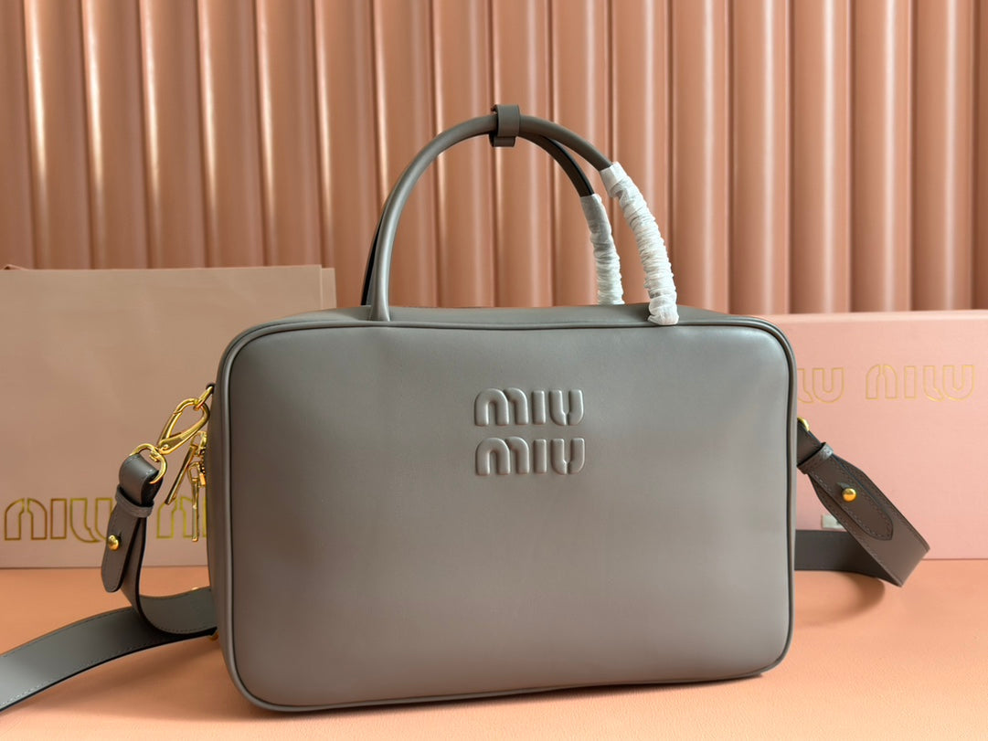 MIU MIU BEAU TOP HANDLE BAG 34 IN DARK GREY SMOOTH CALFSKIN