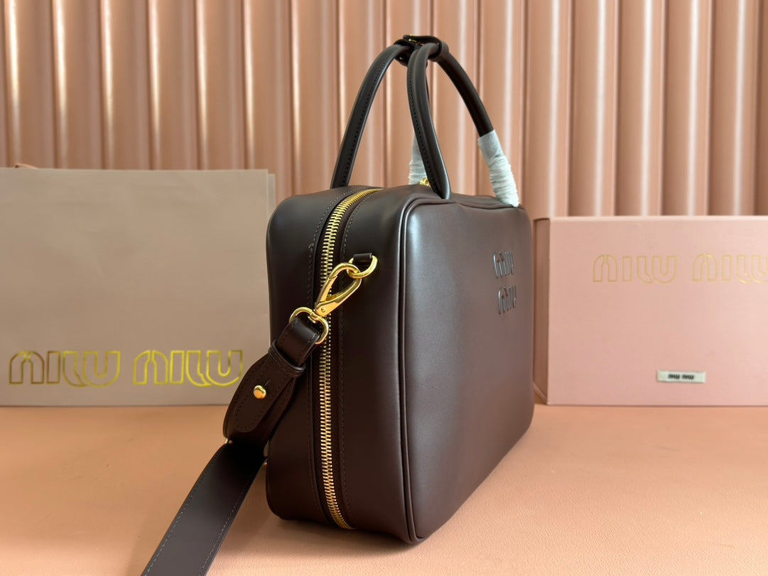 MIU MIU BEAU TOP HANDLE BAG 34 IN CEDAR BROWN SMOOTH CALFSKIN