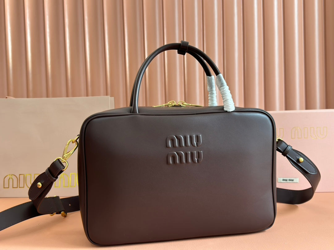MIU MIU BEAU TOP HANDLE BAG 34 IN CEDAR BROWN SMOOTH CALFSKIN