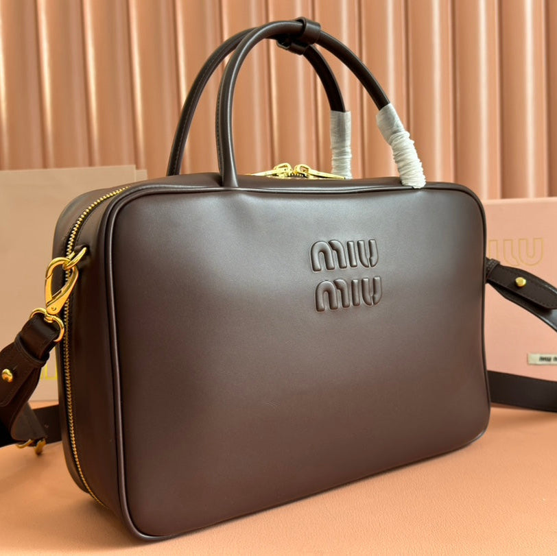 MIU MIU BEAU TOP HANDLE BAG 34 IN CEDAR BROWN SMOOTH CALFSKIN