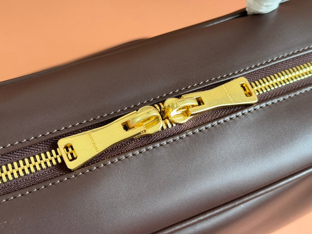 MIU MIU BEAU TOP HANDLE BAG 34 IN CEDAR BROWN SMOOTH CALFSKIN