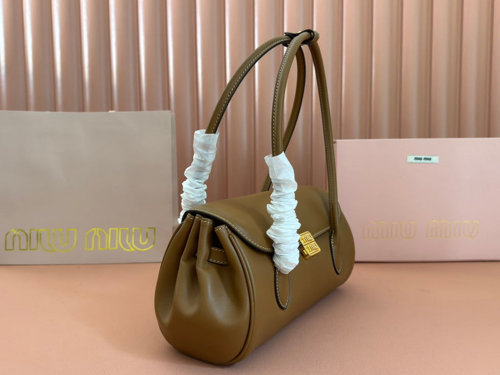 MIU MIU BEAU TOP HANDLE BAG 28 IN CHOCOLATE BROWN GLOSSY CALFSKIN GOLD HARDWARE