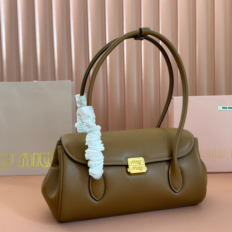 MIU MIU BEAU TOP HANDLE BAG 28 IN CHOCOLATE BROWN GLOSSY CALFSKIN GOLD HARDWARE