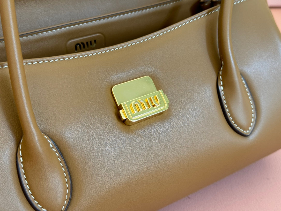 MIU MIU BEAU TOP HANDLE BAG 28 IN CHOCOLATE BROWN GLOSSY CALFSKIN GOLD HARDWARE