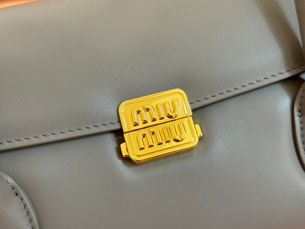 MIU MIU BEAU TOP HANDLE BAG 28 IN LAVA GREY GLOSSY CALFSKIN GOLD HARDWARE