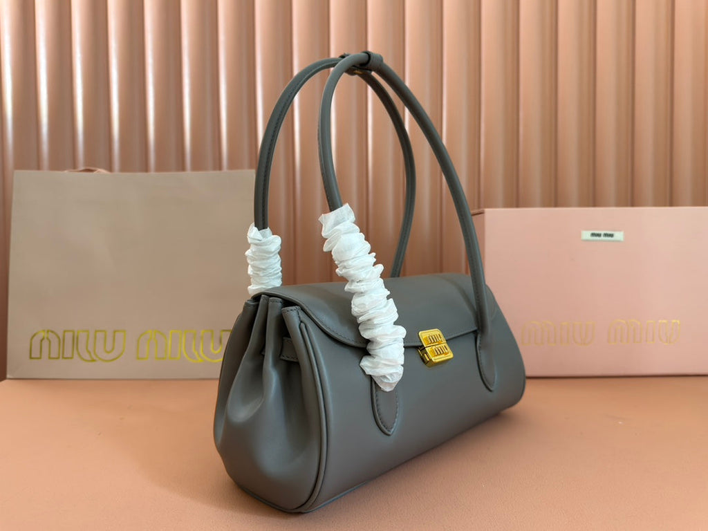 MIU MIU BEAU TOP HANDLE BAG 28 IN LAVA GREY GLOSSY CALFSKIN GOLD HARDWARE
