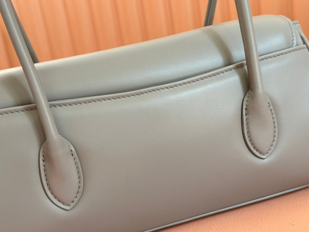 MIU MIU BEAU TOP HANDLE BAG 28 IN LAVA GREY GLOSSY CALFSKIN GOLD HARDWARE