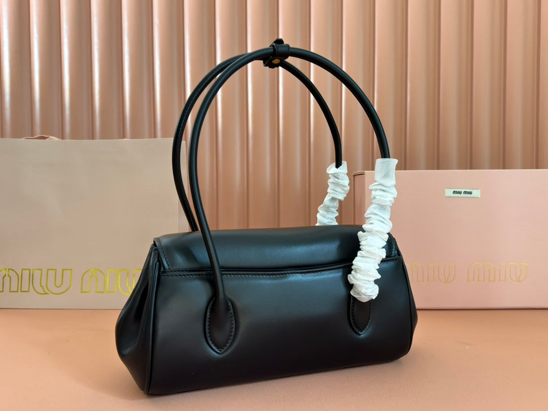 MIU MIU BEAU TOP HANDLE BAG 28 IN BLACK GLOSSY CALFSKIN GOLD HARDWARE