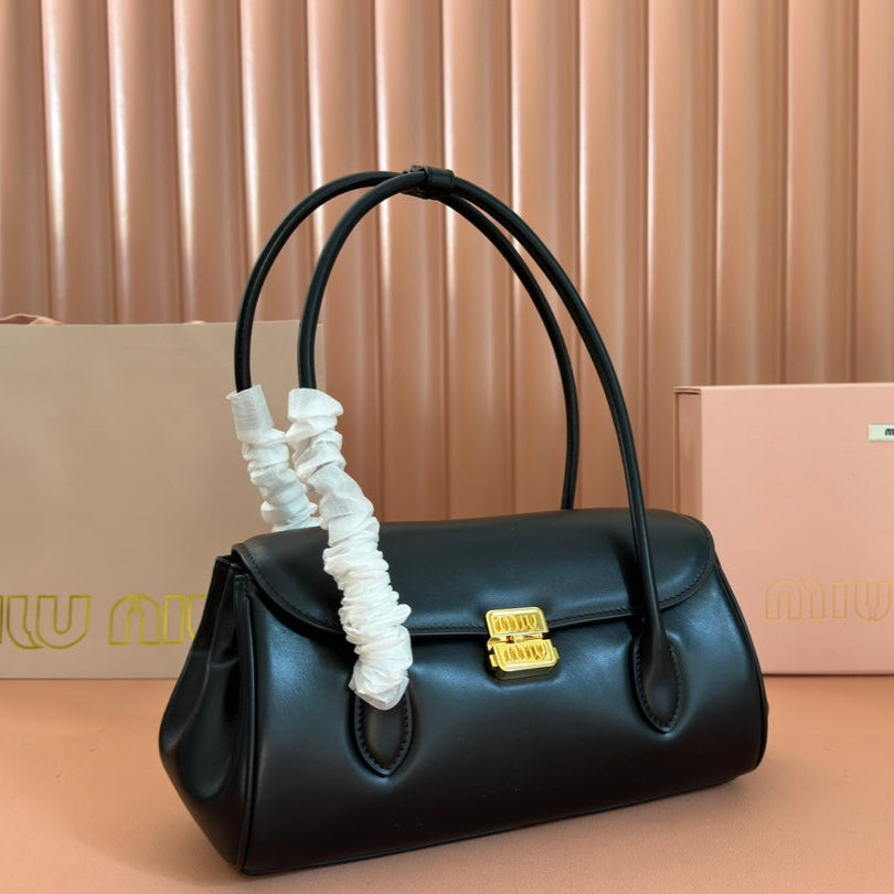 MIU MIU BEAU TOP HANDLE BAG 28 IN BLACK GLOSSY CALFSKIN GOLD HARDWARE