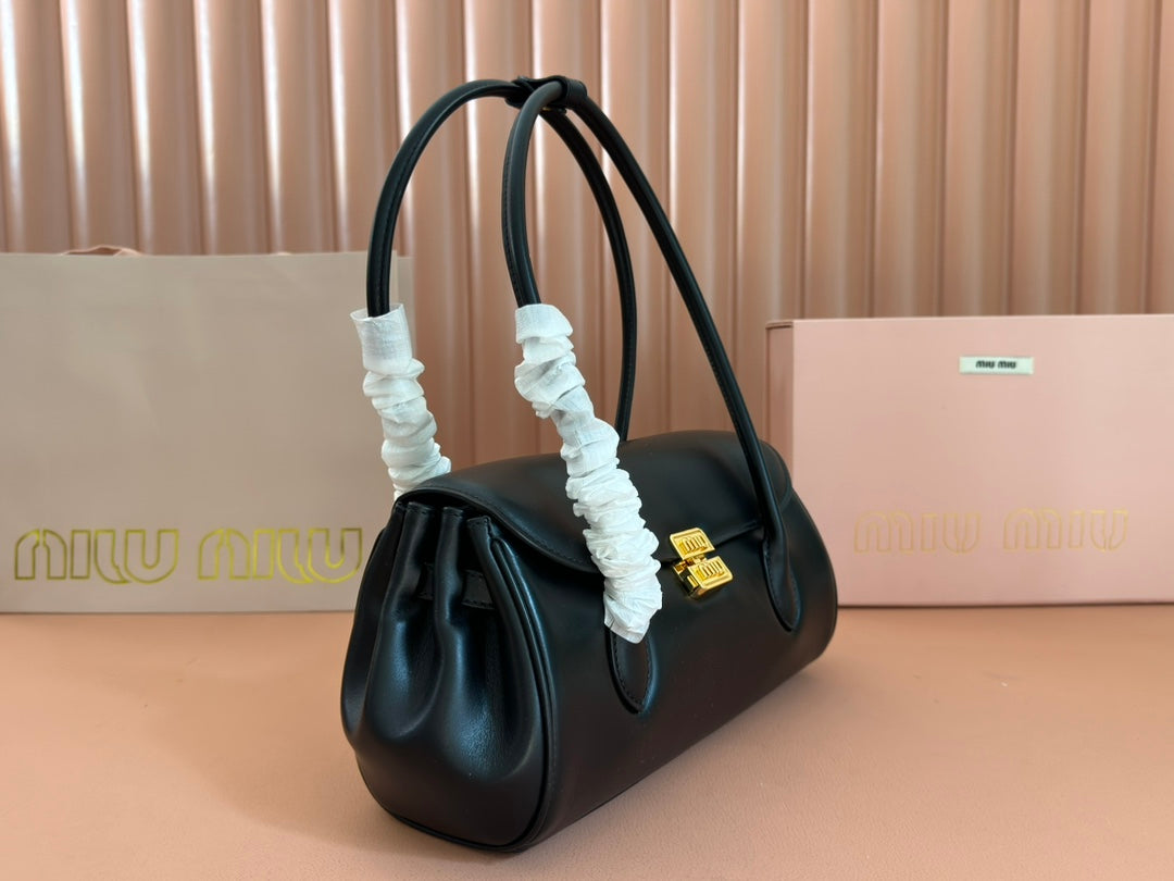 MIU MIU BEAU TOP HANDLE BAG 28 IN BLACK GLOSSY CALFSKIN GOLD HARDWARE