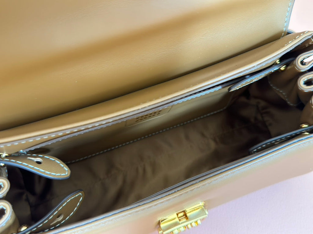 MIU MIU CHAIN SHOULDER BAG 24 IN PEANUT BROWN PATENT SMOOTH CALFSKIN