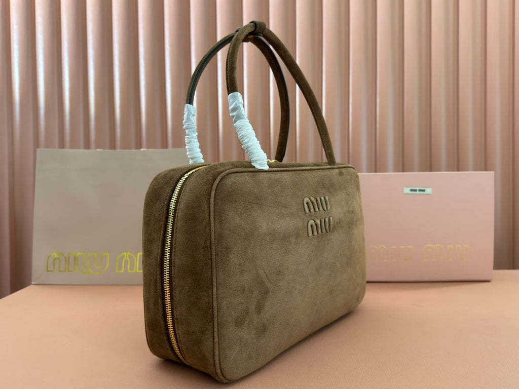 MIU MIU BEAU TOP HANDLE BAG 34 IN COFFEE BROWN SUEDE EMBOSSED LOGO