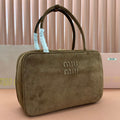 MIU MIU BEAU TOP HANDLE BAG 34 IN COFFEE BROWN SUEDE EMBOSSED LOGO