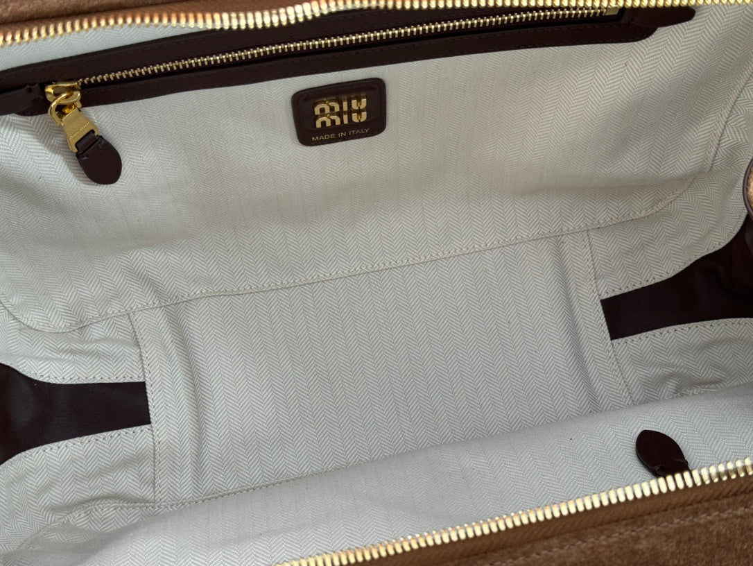 MIU MIU BEAU TOP HANDLE BAG 34 IN COFFEE BROWN SUEDE EMBOSSED LOGO