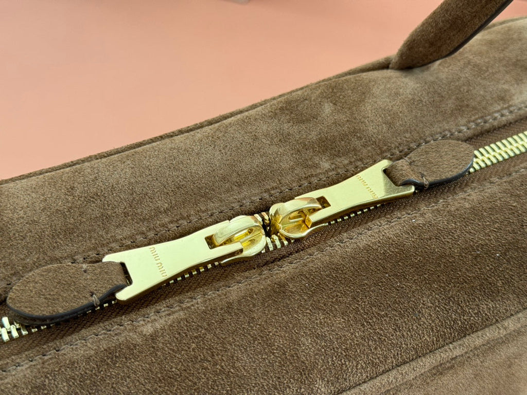 MIU MIU BEAU TOP HANDLE BAG 34 IN COFFEE BROWN SUEDE EMBOSSED LOGO