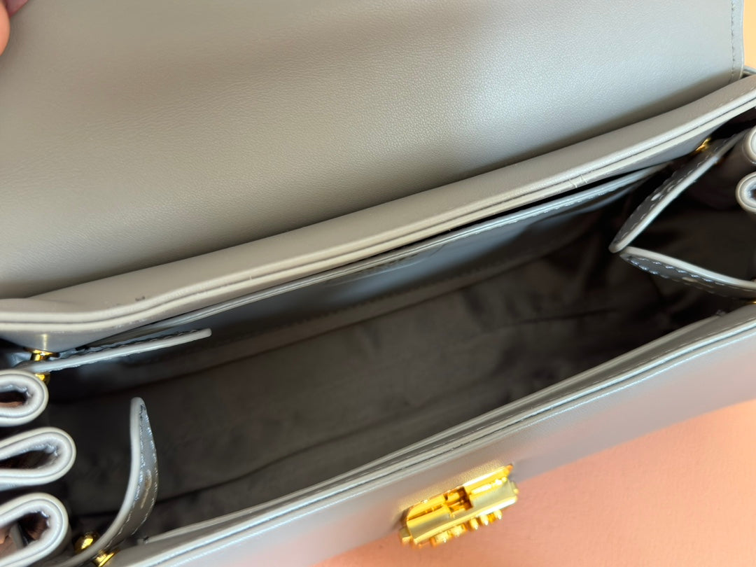 MIU MIU CHAIN SHOULDER BAG 24 IN SLATE GREY PATENT SMOOTH CALFSKIN