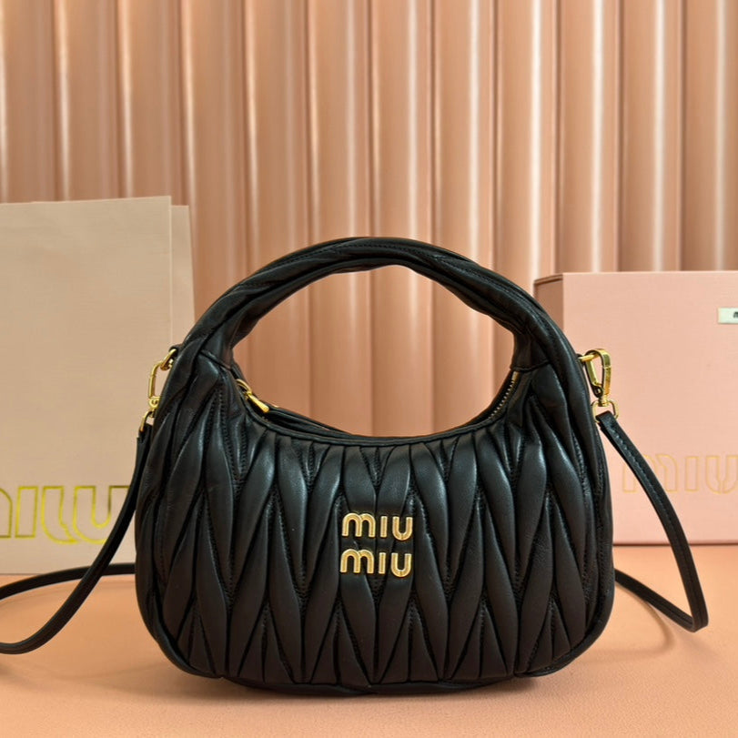 MIU MIU WANDER MATELASSÉ HANDBAG 23 IN BLACK LAMBSKIN