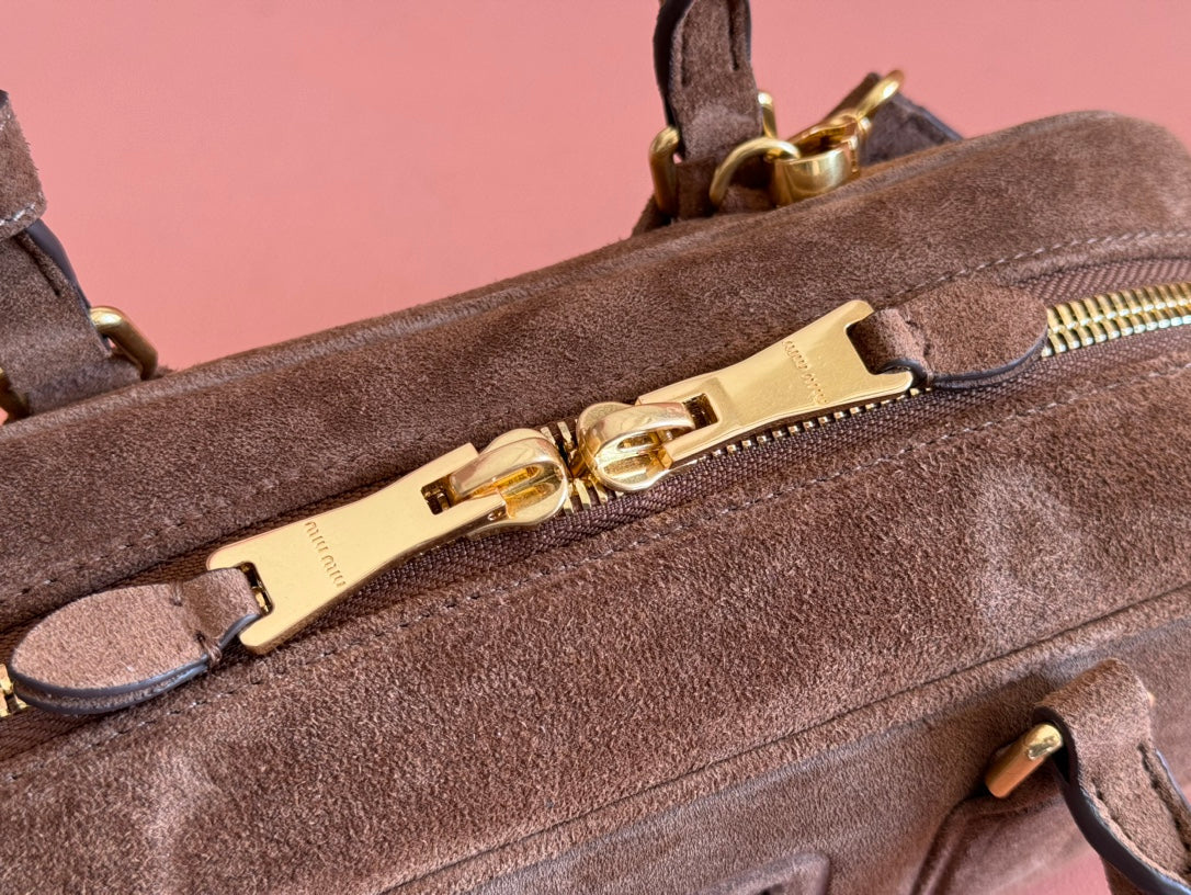 MIU MIU ARCADIE BAG 27 IN CEDAR BROWN SUEDE GOLD HARDWARE