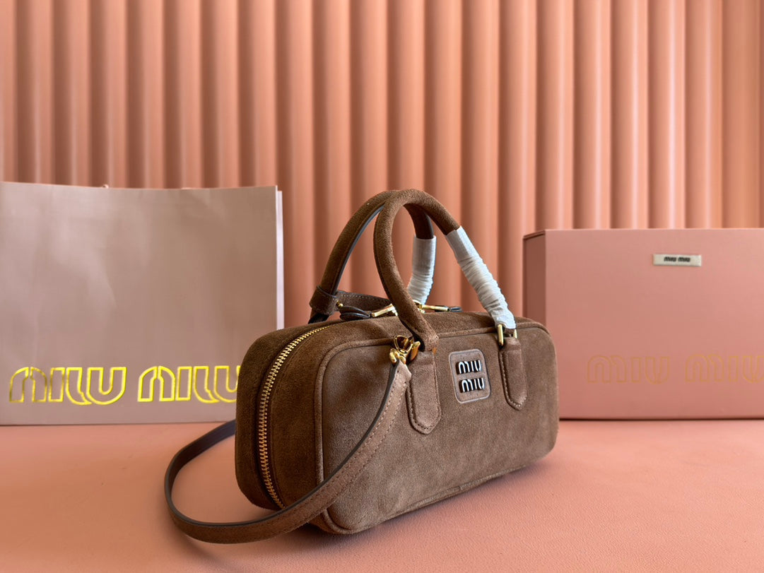 MIU MIU ARCADIE BAG 27 IN CEDAR BROWN SUEDE GOLD HARDWARE