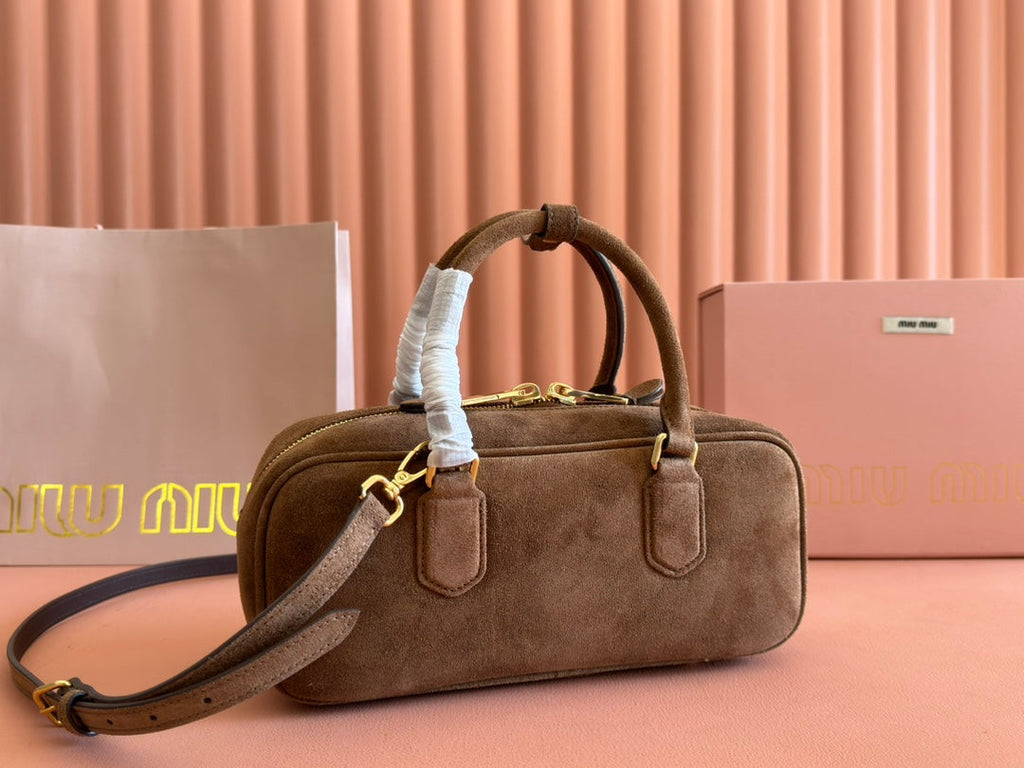 MIU MIU ARCADIE BAG 27 IN CEDAR BROWN SUEDE GOLD HARDWARE