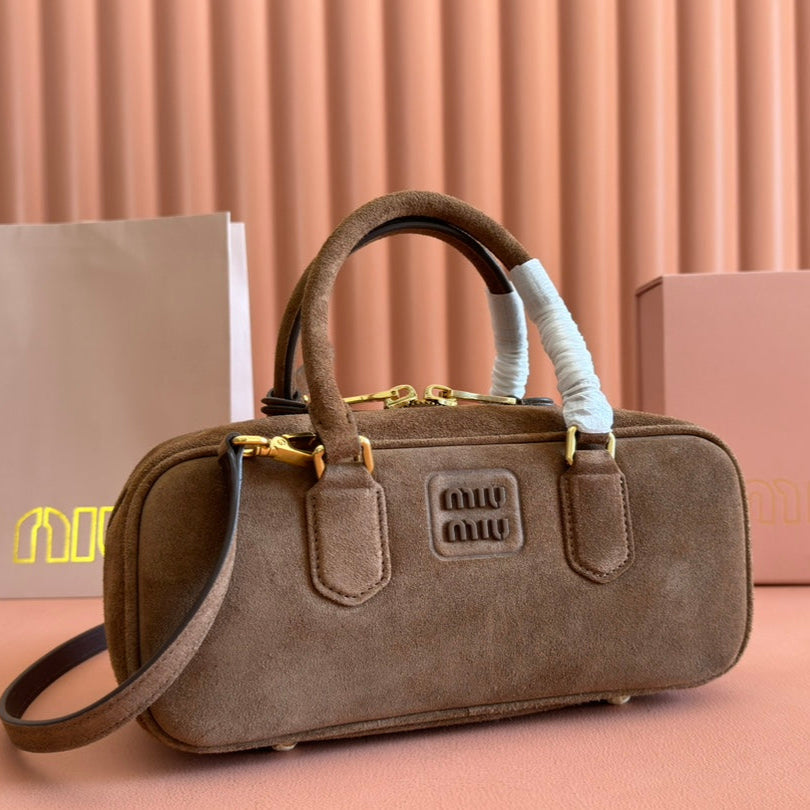 MIU MIU ARCADIE BAG 27 IN CEDAR BROWN SUEDE GOLD HARDWARE