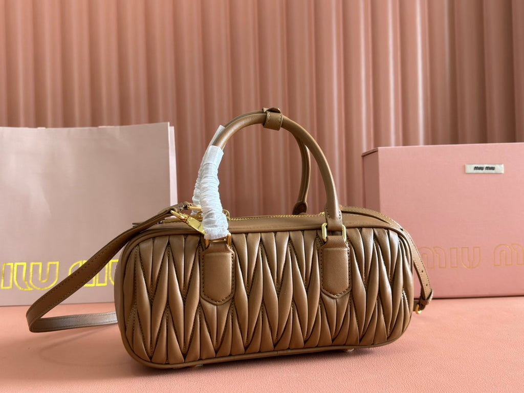 MIU MIU ARCADIE MATELASSÉ BAG 27 IN SEPIA BROWN CALFSKIN GOLD HARDWARE