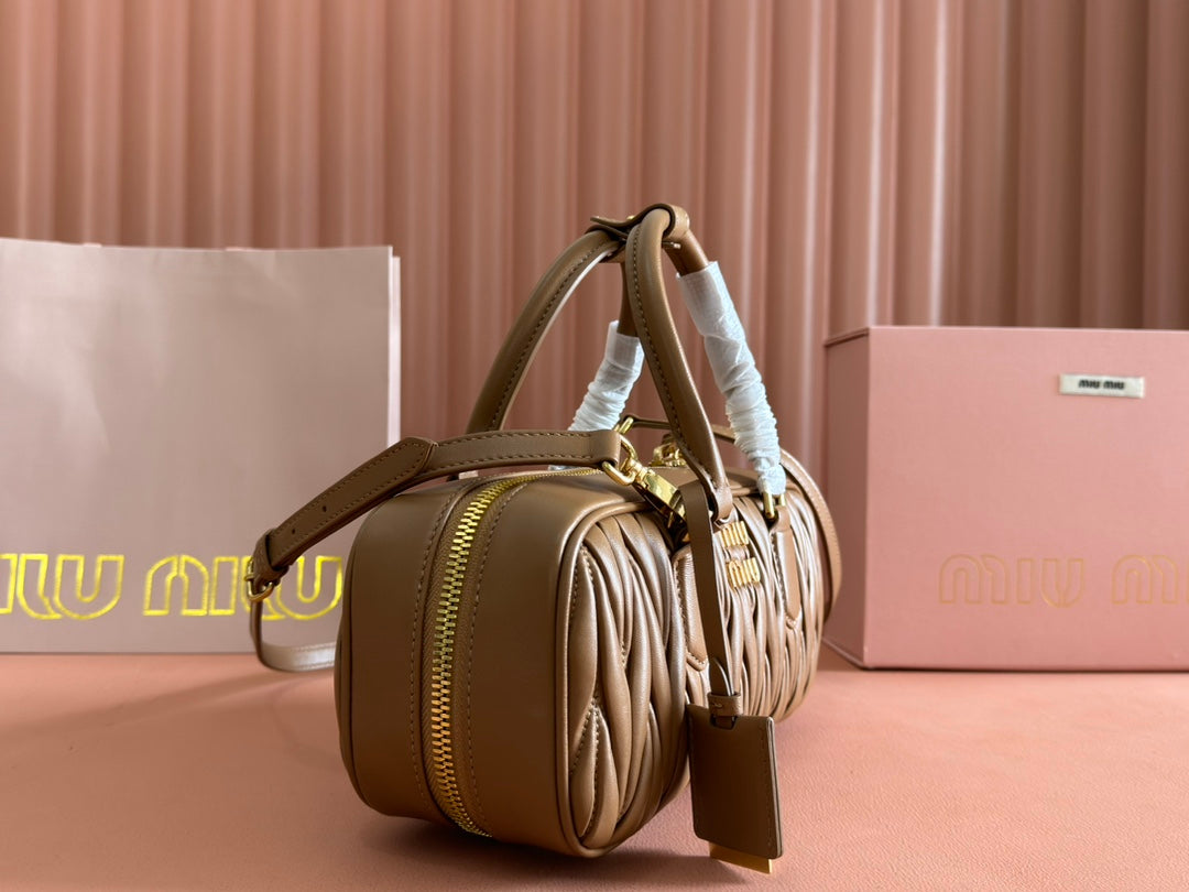 MIU MIU ARCADIE MATELASSÉ BAG 27 IN SEPIA BROWN CALFSKIN GOLD HARDWARE