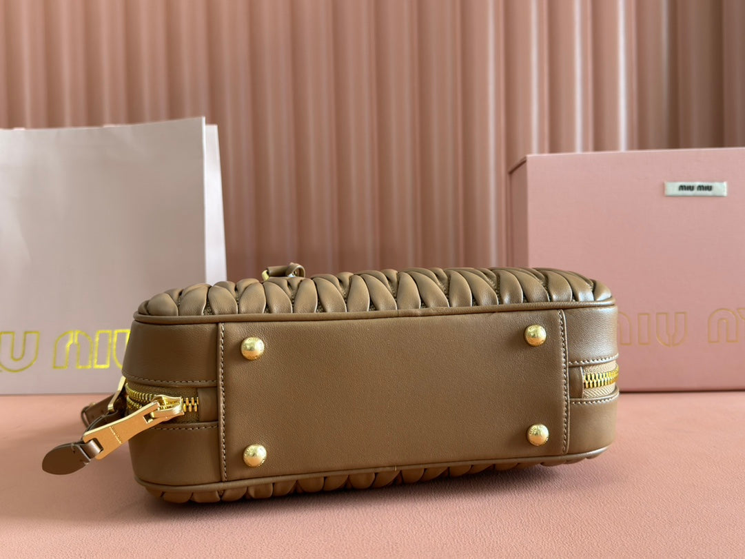 MIU MIU ARCADIE MATELASSÉ BAG 27 IN SEPIA BROWN CALFSKIN GOLD HARDWARE