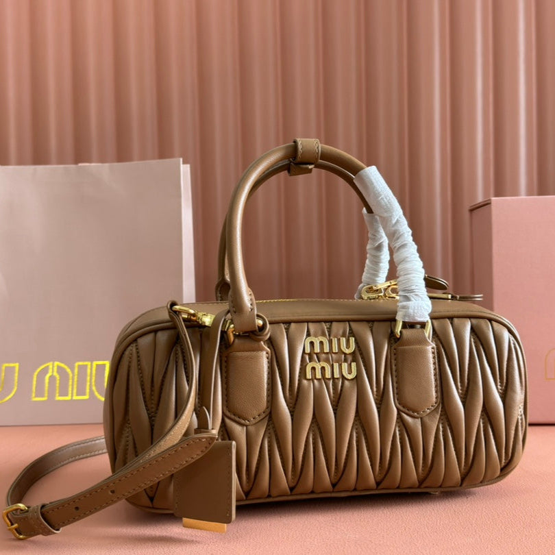MIU MIU ARCADIE MATELASSÉ BAG 27 IN SEPIA BROWN CALFSKIN GOLD HARDWARE
