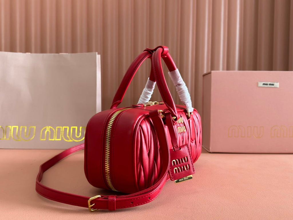 MIU MIU ARCADIE MATELASSÉ BAG 27 IN CERISE RED CALFSKIN GOLD HARDWARE