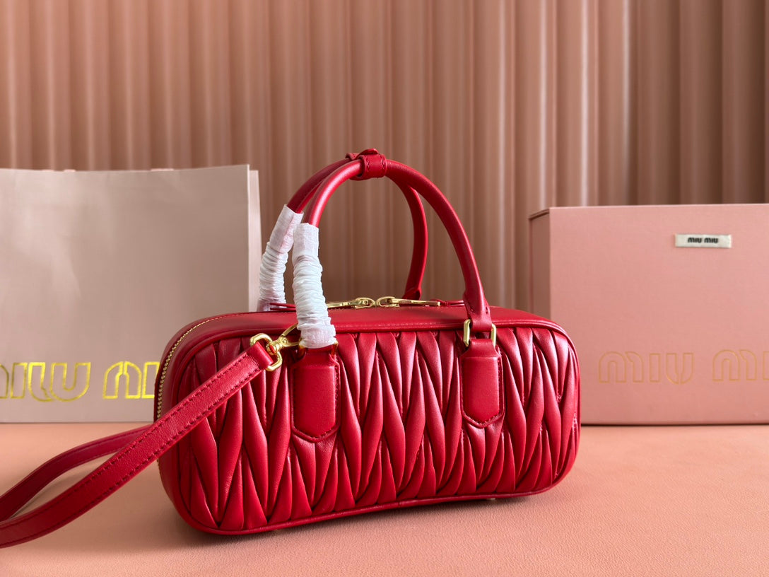 MIU MIU ARCADIE MATELASSÉ BAG 27 IN CERISE RED CALFSKIN GOLD HARDWARE
