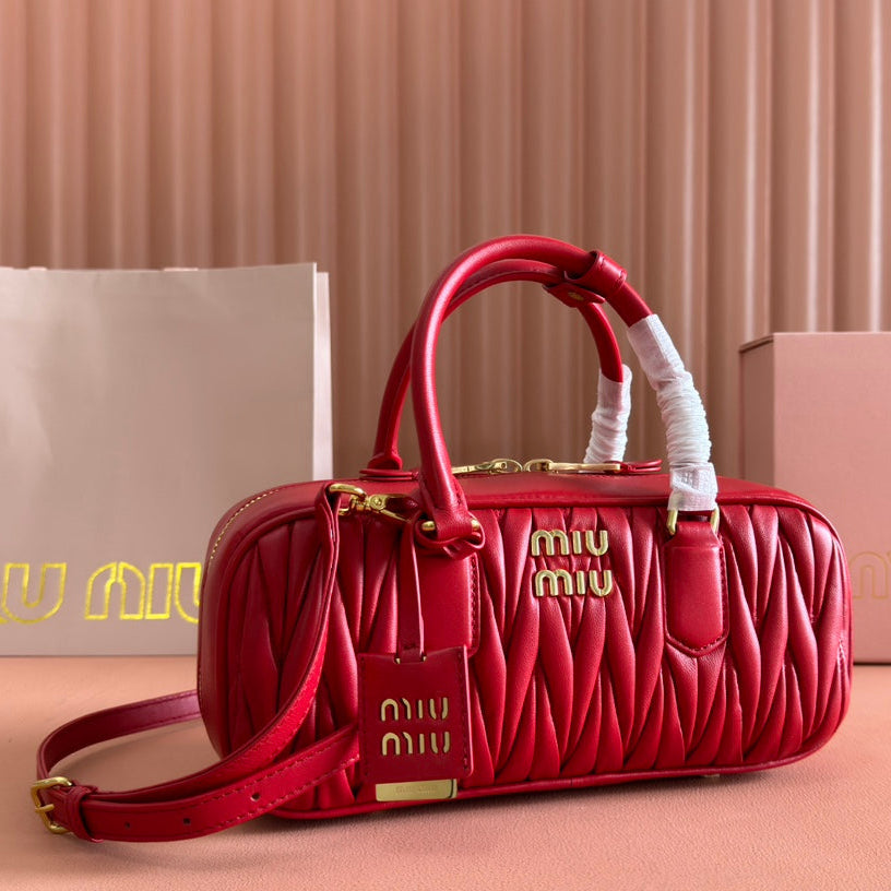 MIU MIU ARCADIE MATELASSÉ BAG 27 IN CERISE RED CALFSKIN GOLD HARDWARE