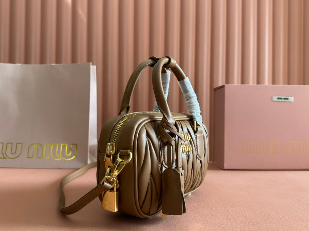 MIU MIU ARCADIE MATELASSÉ BAG 19 IN BROWN LAMBSKIN GOLD HARDWARE
