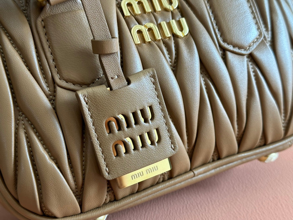 MIU MIU ARCADIE MATELASSÉ BAG 19 IN BROWN LAMBSKIN GOLD HARDWARE