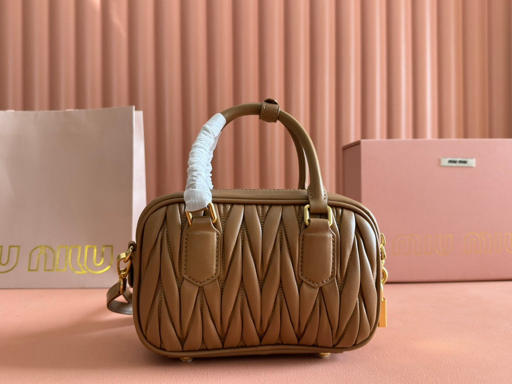 MIU MIU ARCADIE MATELASSÉ BAG 19 IN BROWN LAMBSKIN GOLD HARDWARE