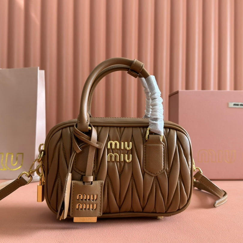 MIU MIU ARCADIE MATELASSÉ BAG 19 IN BROWN LAMBSKIN GOLD HARDWARE