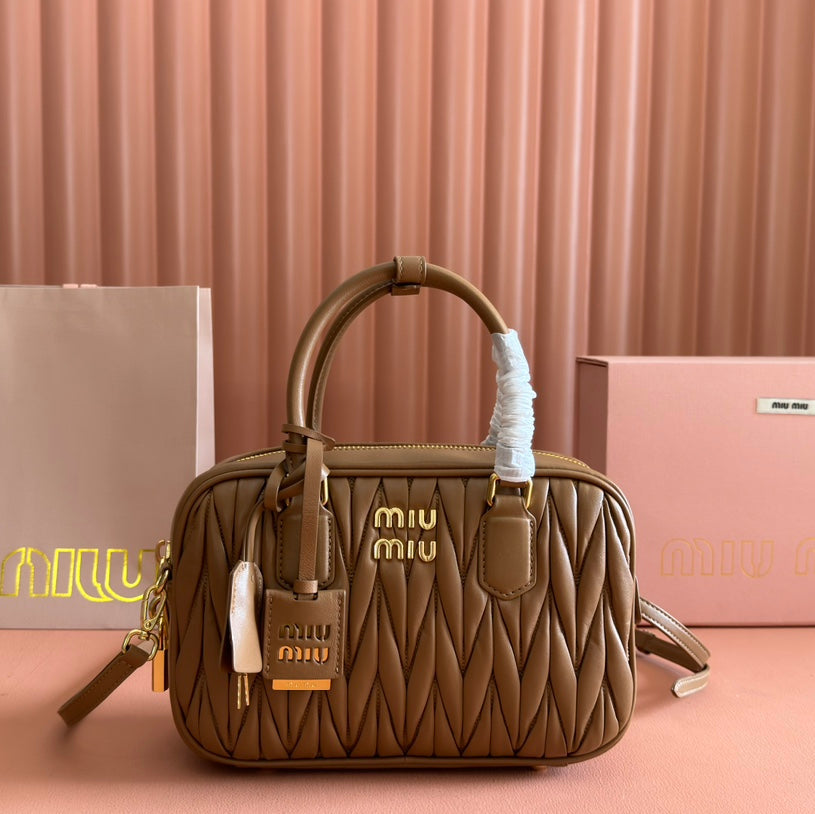 MIU MIU ARCADIE MATELASSÉ BAG 24 IN BROWN LAMBSKIN GOLD HARDWARE