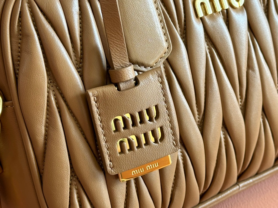 MIU MIU ARCADIE MATELASSÉ BAG 24 IN BROWN LAMBSKIN GOLD HARDWARE