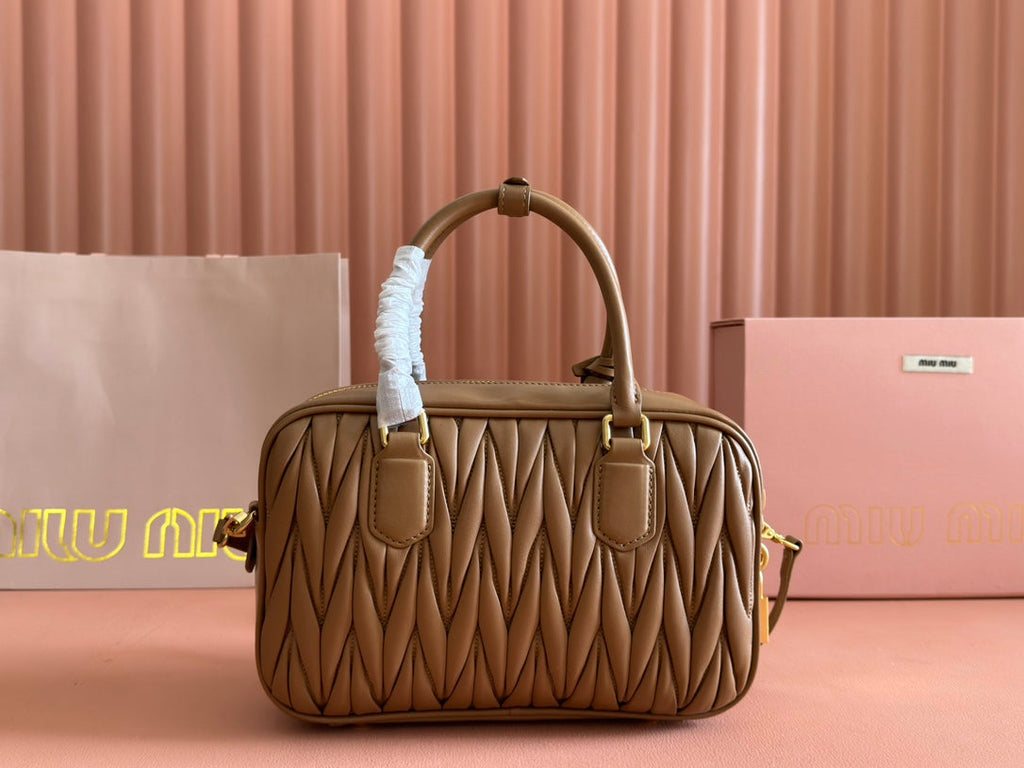 MIU MIU ARCADIE MATELASSÉ BAG 24 IN BROWN LAMBSKIN GOLD HARDWARE
