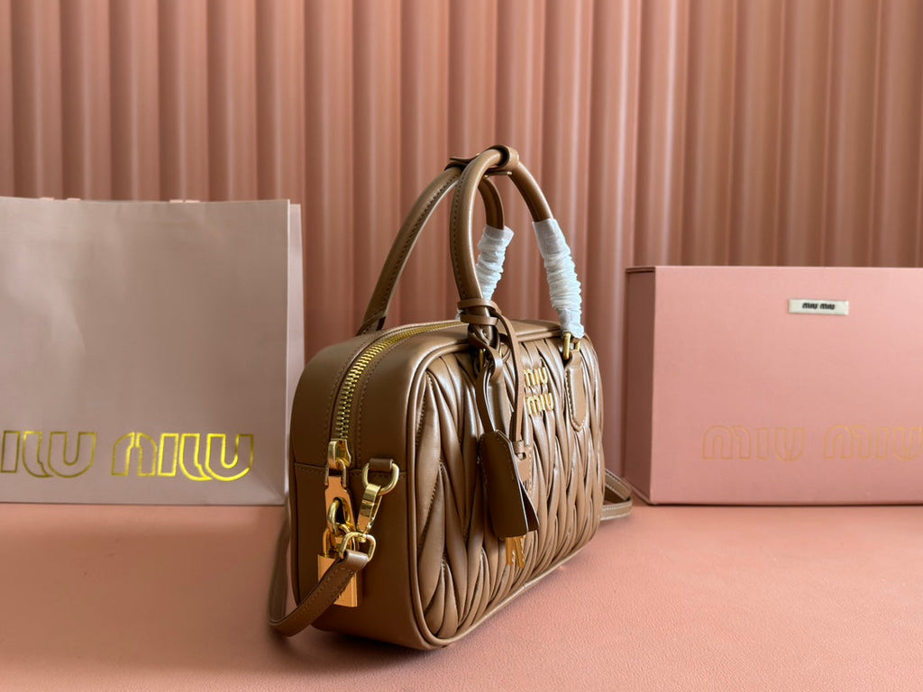 MIU MIU ARCADIE MATELASSÉ BAG 24 IN BROWN LAMBSKIN GOLD HARDWARE