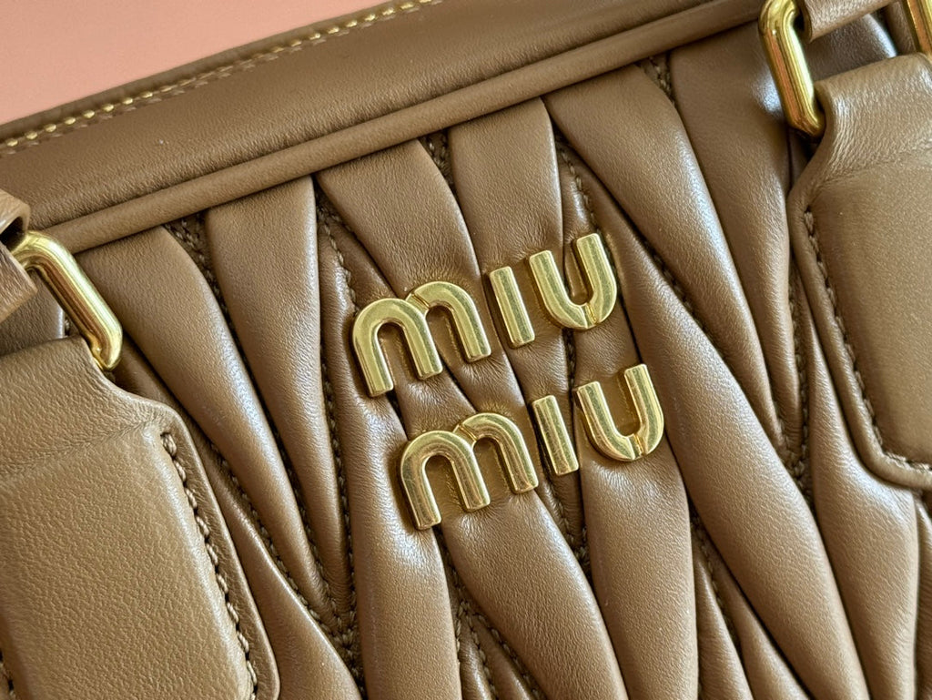 MIU MIU ARCADIE MATELASSÉ BAG 24 IN BROWN LAMBSKIN GOLD HARDWARE