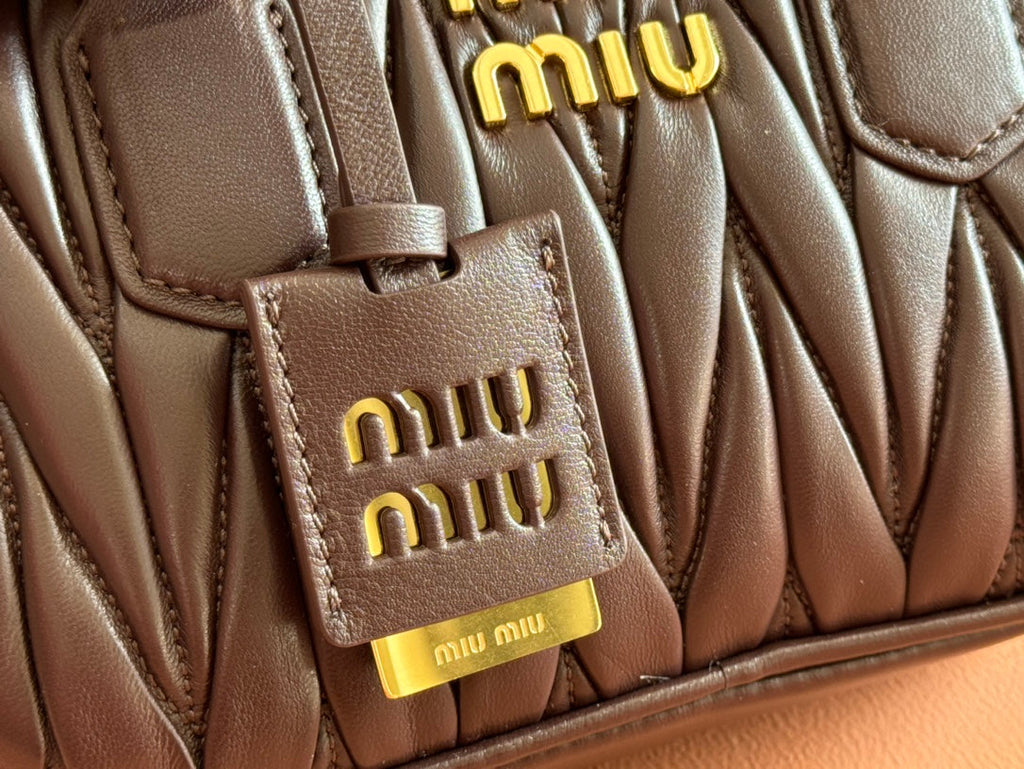 MIU MIU ARCADIE MATELASSÉ BAG 19 IN CHESTNUT BROWN LAMBSKIN GOLD HARDWARE