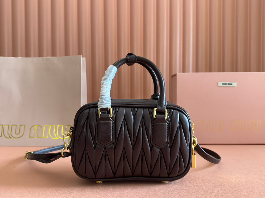 MIU MIU ARCADIE MATELASSÉ BAG 19 IN CHESTNUT BROWN LAMBSKIN GOLD HARDWARE