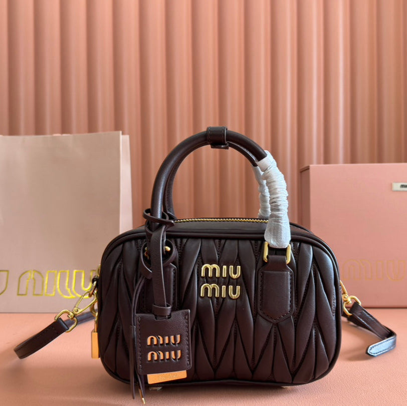 MIU MIU ARCADIE MATELASSÉ BAG 19 IN CHESTNUT BROWN LAMBSKIN GOLD HARDWARE