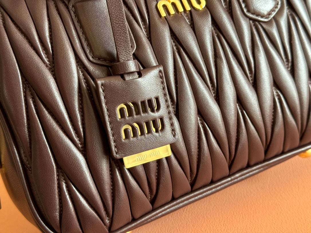 MIU MIU ARCADIE MATELASSÉ BAG 24 IN CHESTNUT BROWN LAMBSKIN GOLD HARDWARE