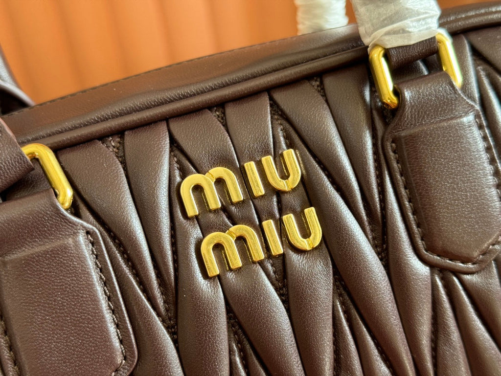 MIU MIU ARCADIE MATELASSÉ BAG 24 IN CHESTNUT BROWN LAMBSKIN GOLD HARDWARE