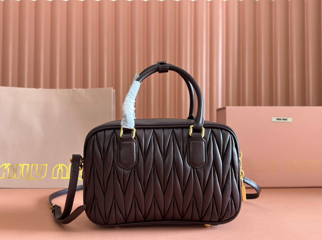 MIU MIU ARCADIE MATELASSÉ BAG 24 IN CHESTNUT BROWN LAMBSKIN GOLD HARDWARE