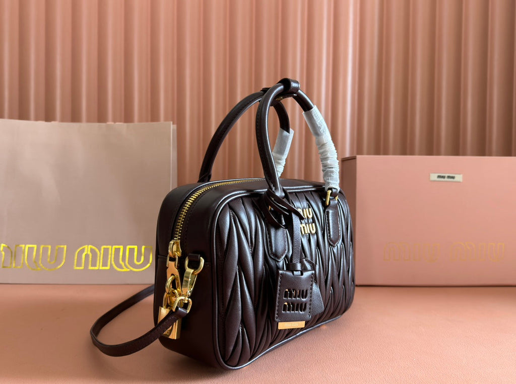MIU MIU ARCADIE MATELASSÉ BAG 24 IN CHESTNUT BROWN LAMBSKIN GOLD HARDWARE